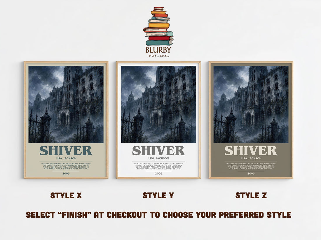 Shiver bookish print in frame leaning in hallway – thriller wall art (mockup)