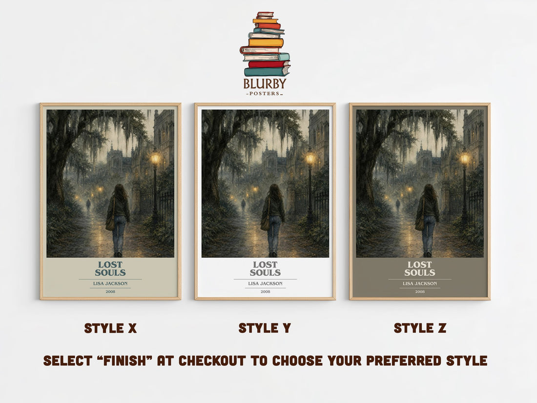 Lost Souls book cover print in frame leaning in hallway – thriller wall art (mockup)