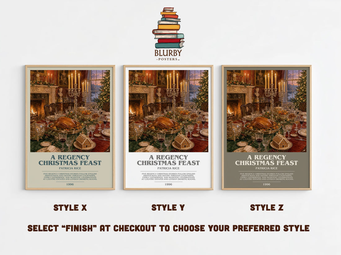 A Regency Christmas Feast bookish print in frame leaning in hallway – romance wall art (mockup)