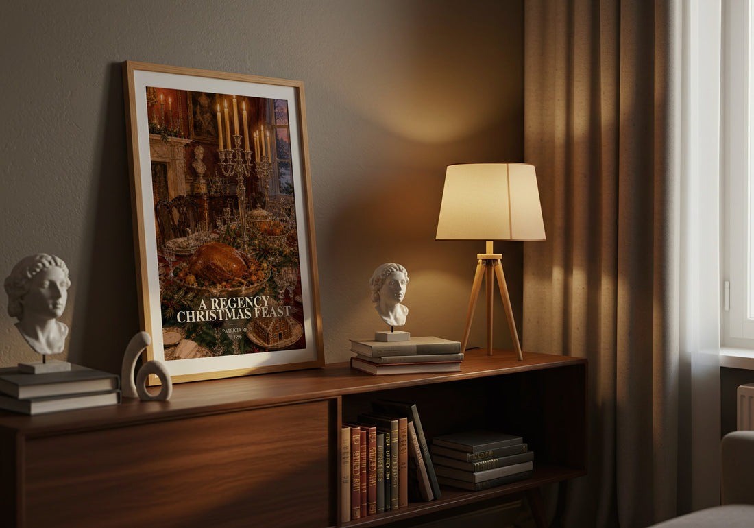 A Regency Christmas Feast watercolour print on bookshelf – Patricia Rice fan gift