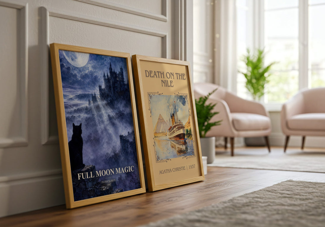 Full Moon Magic watercolour print framed by window – literary home decor