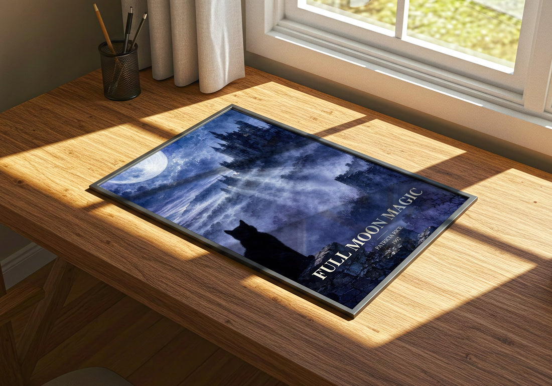 Full Moon Magic watercolour book poster framed on wall – romance wall art
