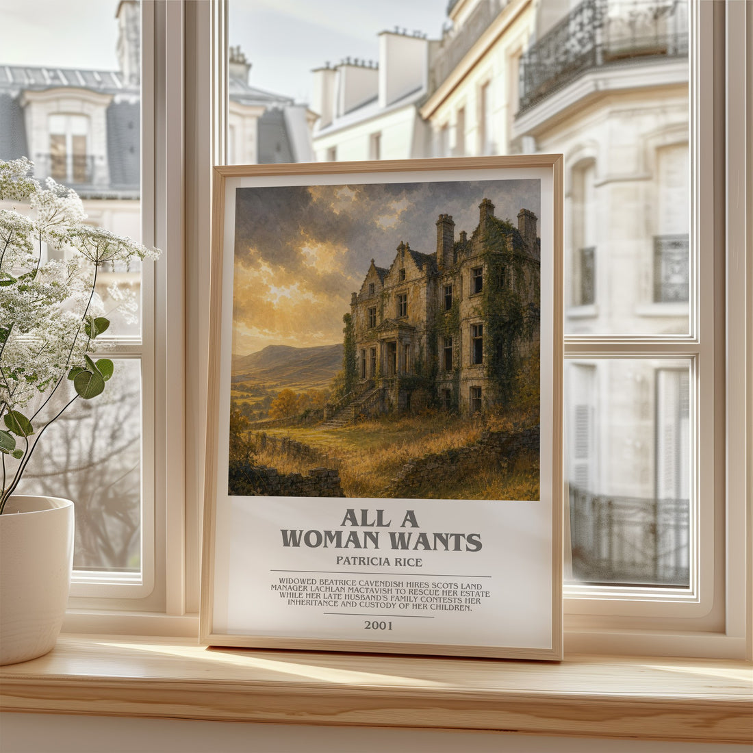 All a Woman Wants bookish poster colour and style options – Patricia Rice book art