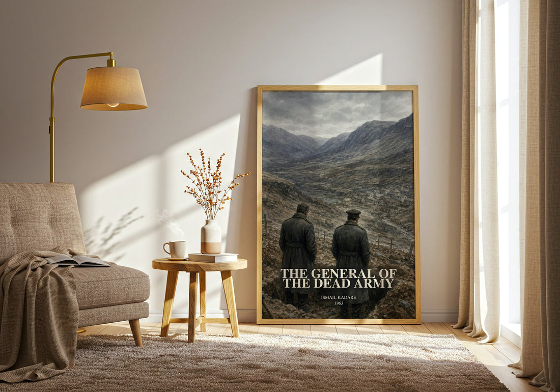 The General of the Dead Army watercolour print in frame leaning in hallway – literary fiction wall art