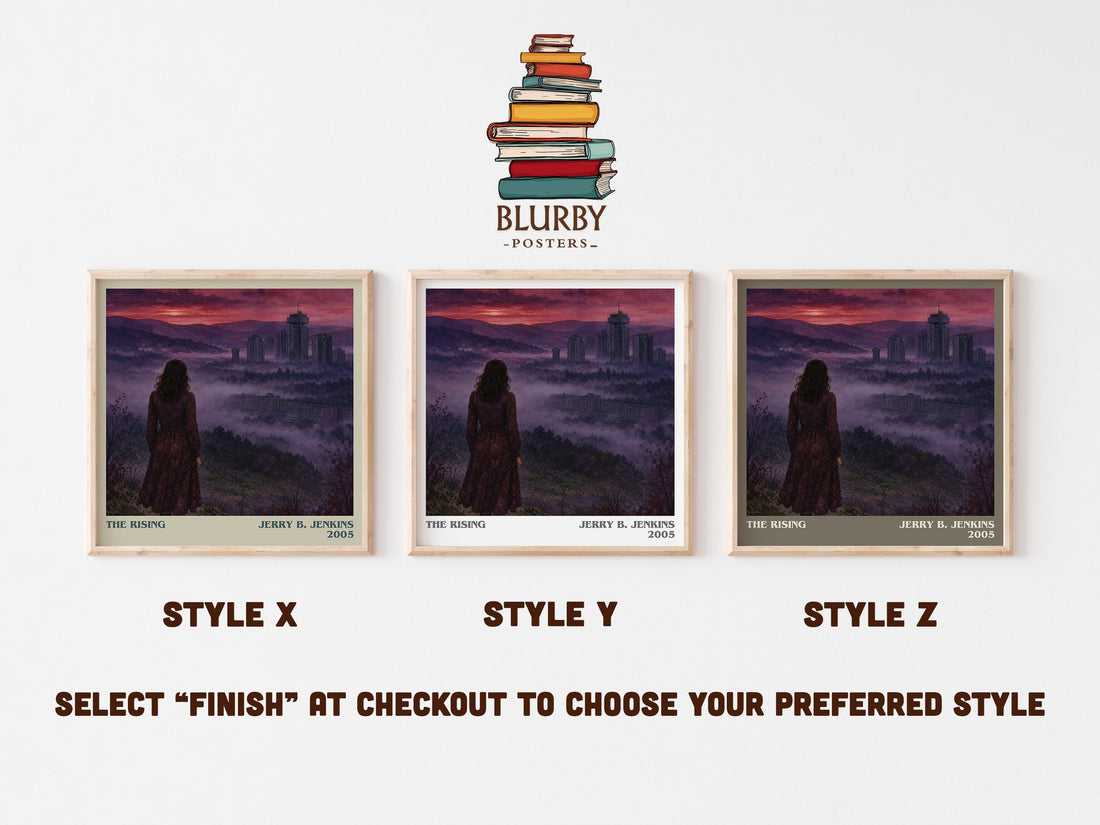 The Rising literary print in frame leaning in hallway – thriller wall art (mockup)