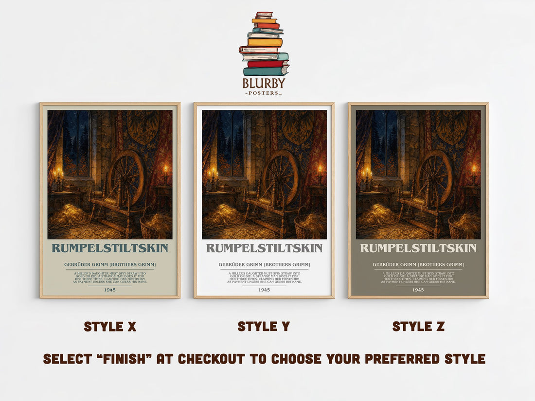 Rumpelstiltskin bookish print in frame leaning in hallway – childrens wall art (mockup)