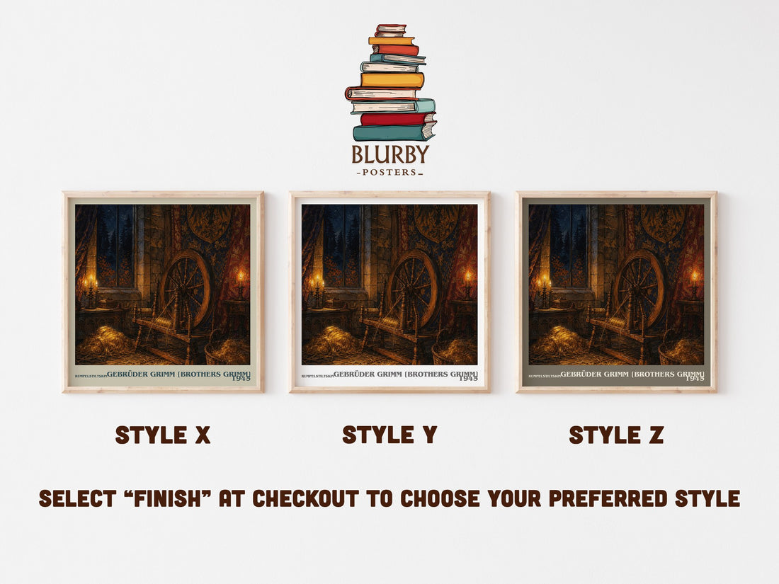 Rumpelstiltskin literary print in frame leaning in hallway – childrens wall art (mockup)