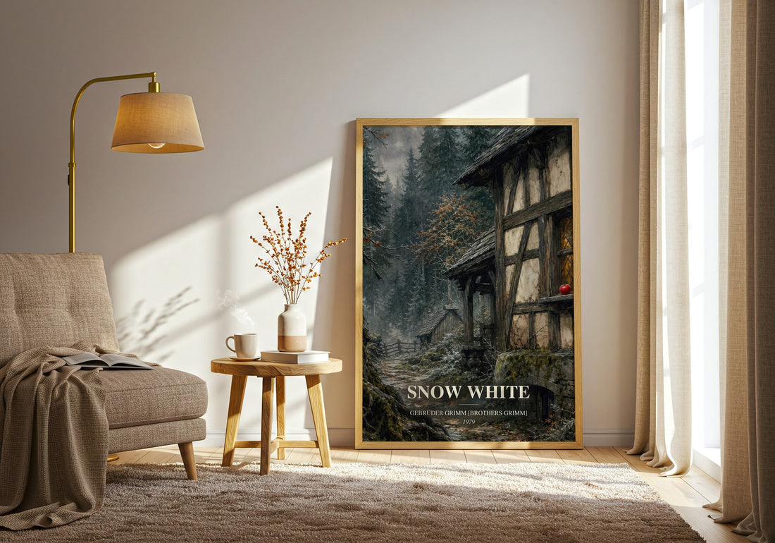 Snow White watercolour print in frame leaning in hallway – childrens wall art