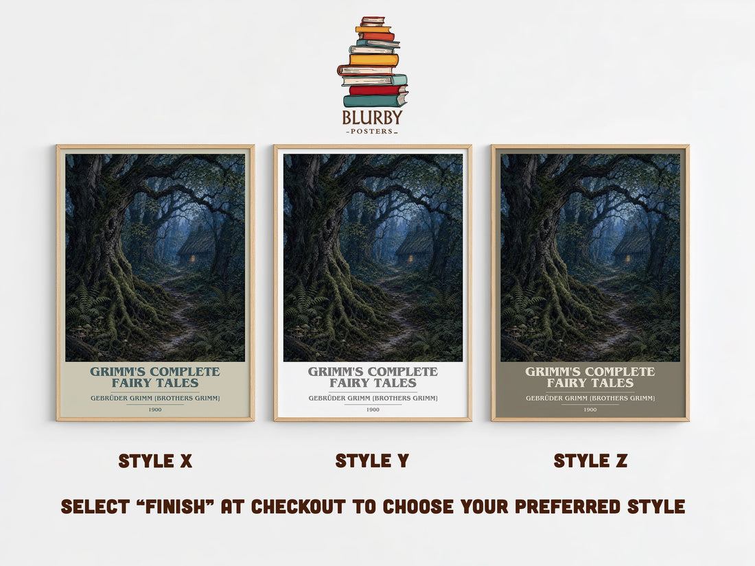 Grimm's Complete Fairy Tales book cover print in frame leaning in hallway – childrens wall art (mockup)