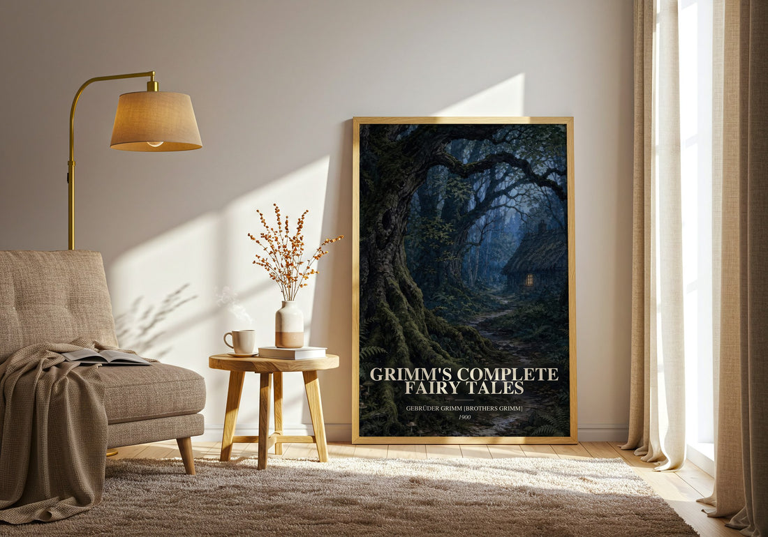 Grimm's Complete Fairy Tales watercolour print in frame leaning in hallway – childrens wall art