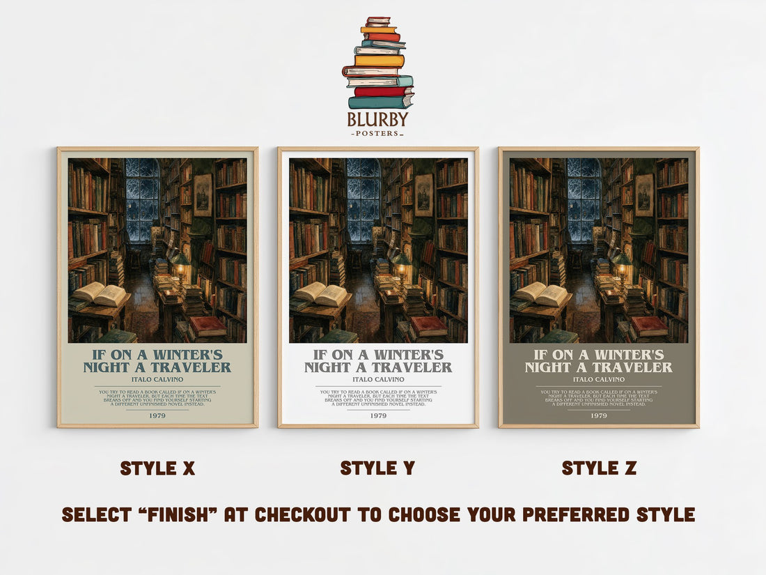 If on a Winter's Night a Traveler bookish print in frame leaning in hallway – literary fiction wall art (mockup)