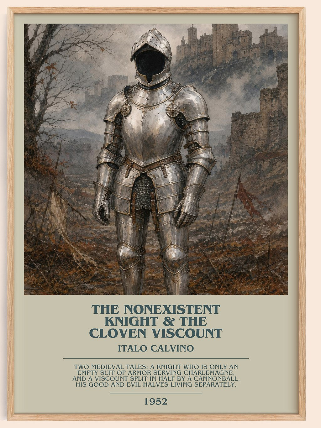 The nonexistent knight & The cloven viscount bookish book poster by Italo Calvino – framed literary art print