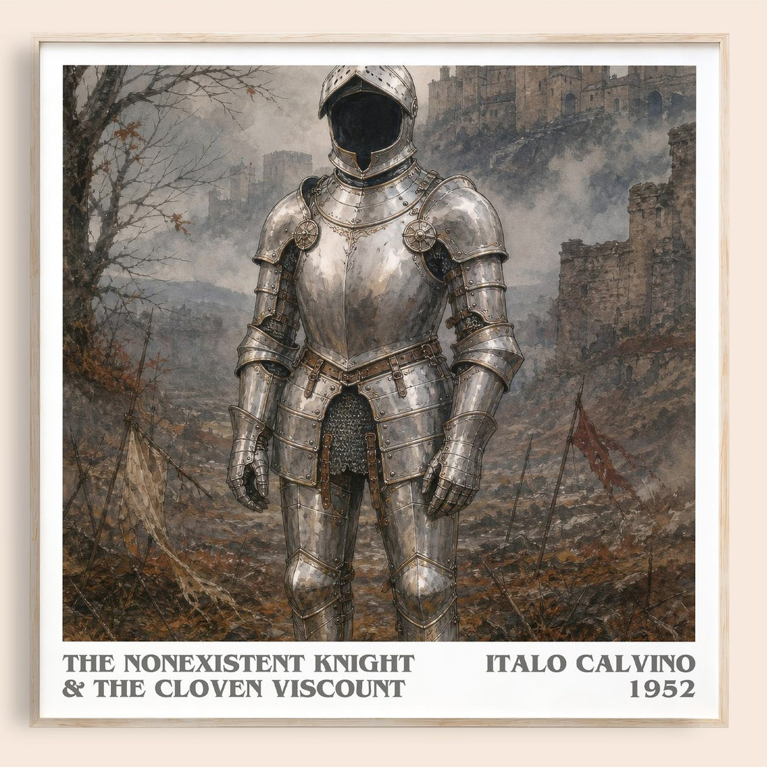 The nonexistent knight & The cloven viscount literary book poster by Italo Calvino – framed literary art print