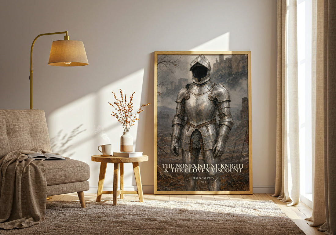 The nonexistent knight & The cloven viscount watercolour print in frame leaning in hallway – literary fiction wall art