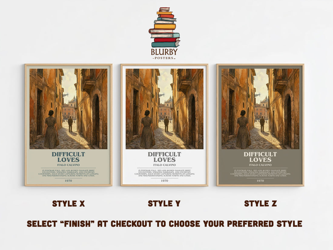 Difficult loves bookish print in frame leaning in hallway – literary fiction wall art (mockup)