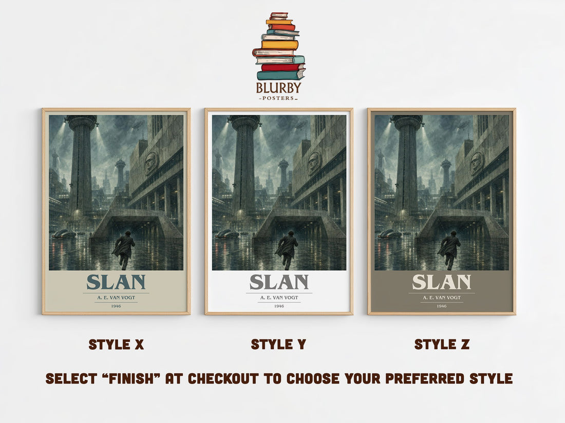 Slan book cover print in frame leaning in hallway – sci fi wall art (mockup)