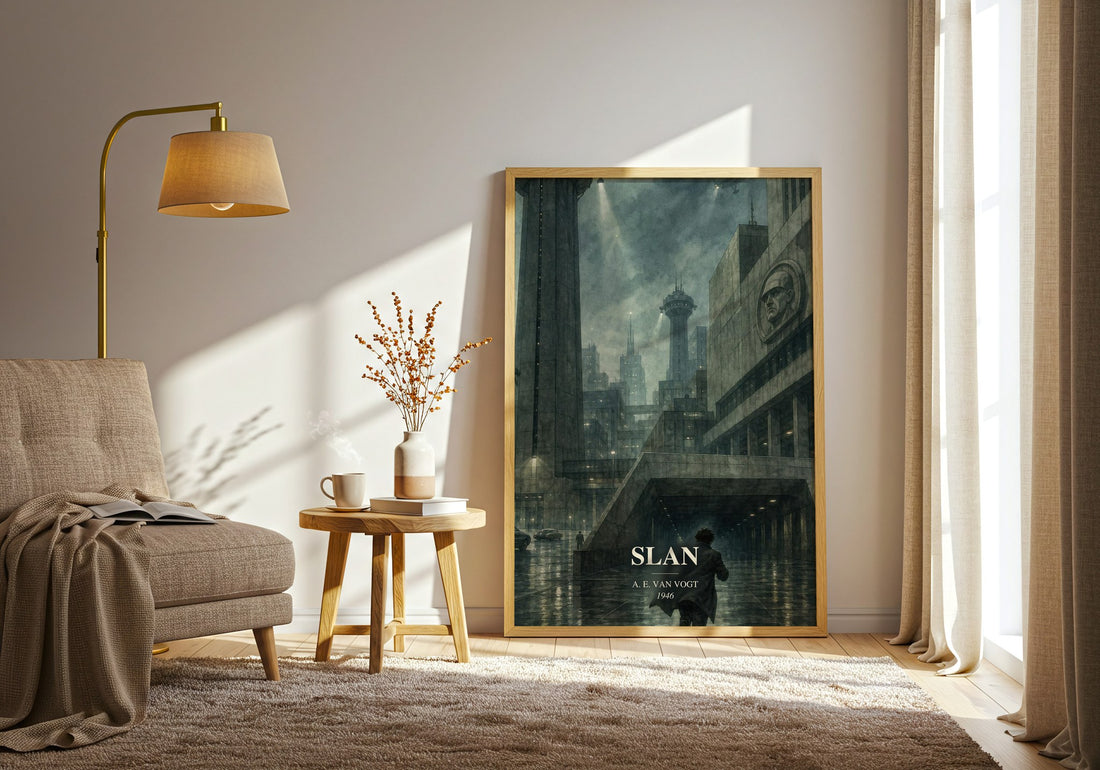 Slan watercolour print in frame leaning in hallway – sci fi wall art