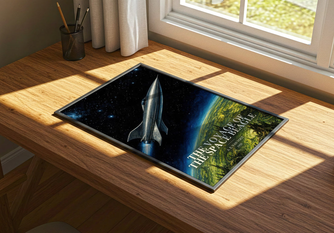 The Voyage of the Space Beagle watercolour book poster framed on wall – sci fi wall art