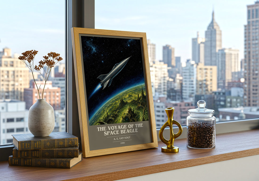The Voyage of the Space Beagle book cover print framed by window – literary home decor