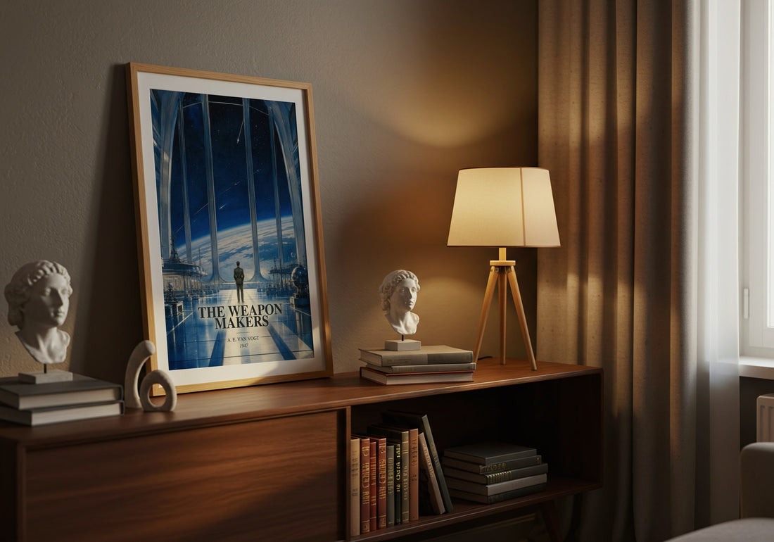 The Weapon Makers watercolour print on bookshelf – A. E. van Vogt fan gift