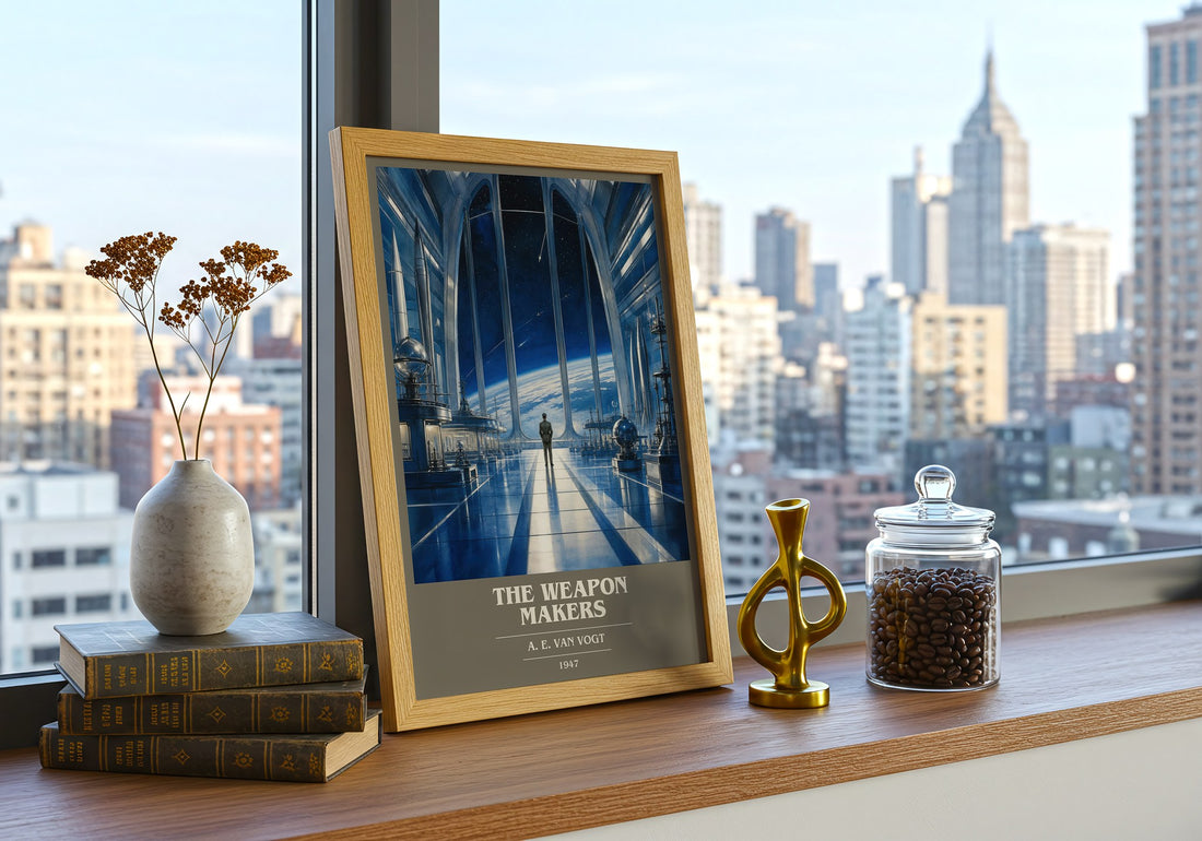 The Weapon Makers Book Cover Poster by A. E. van Vogt – framed print on a city-view windowsill