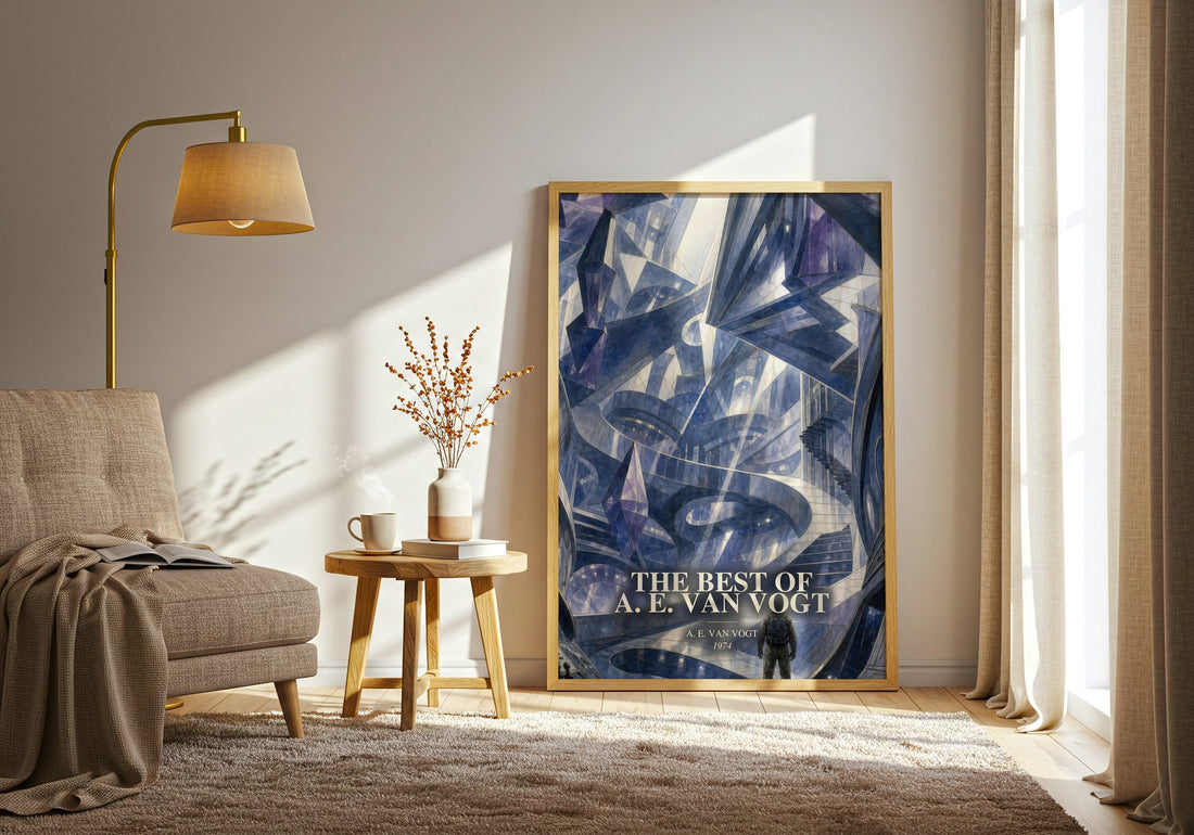 The Best of A. E. van Vogt watercolour print in frame leaning in hallway – sci fi wall art