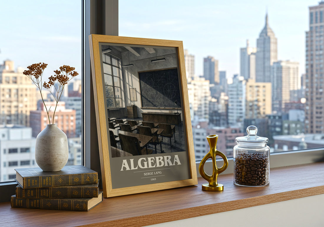 Algebra book cover print framed by window – literary home decor