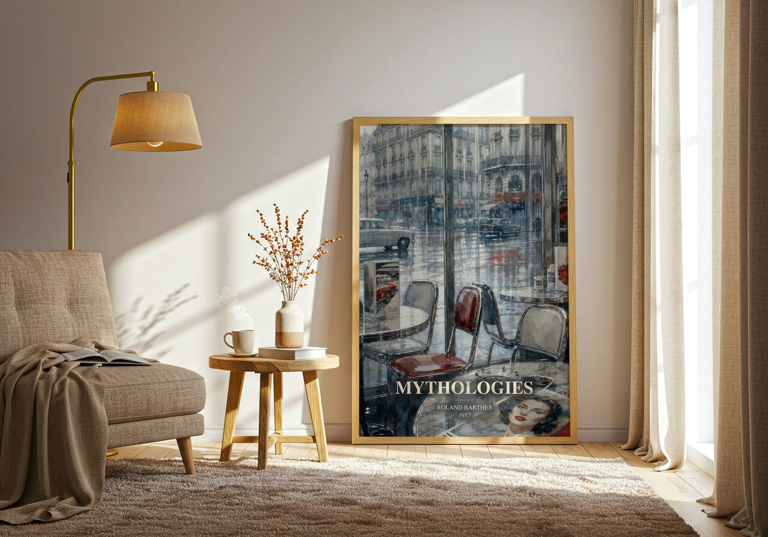 Mythologies watercolour print in frame leaning in hallway – philosophy wall art