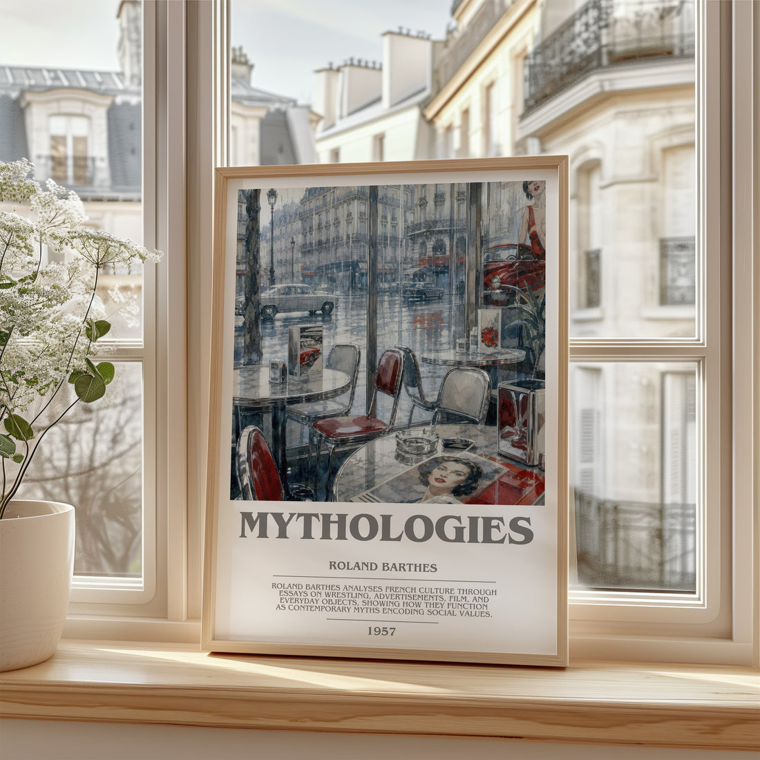 Mythologies Bookish Wall Art by Roland Barthes – framed print by a bright window