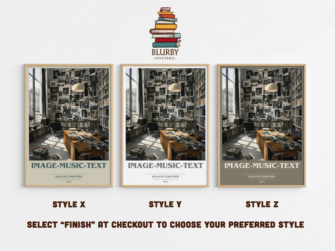 Image-Music-Text book cover print in frame leaning in hallway – philosophy wall art (mockup)