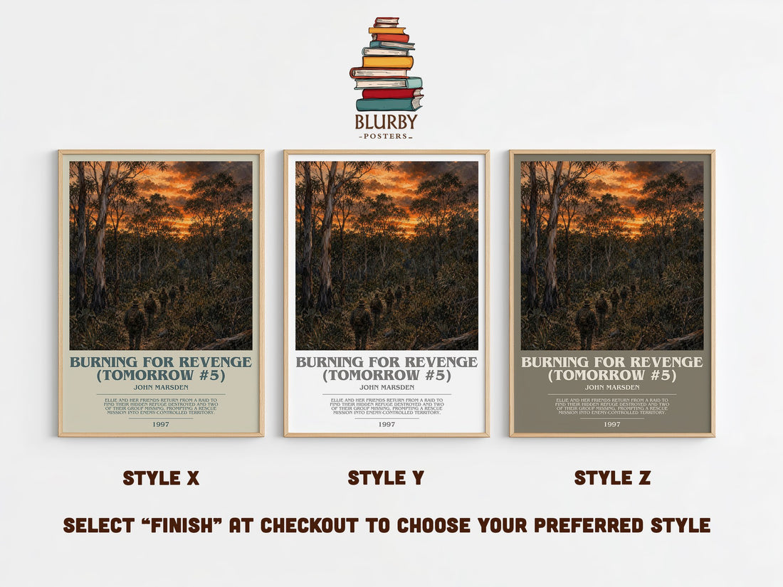 Burning for revenge (Tomorrow #5) bookish print in frame leaning in hallway – young adult wall art (mockup)