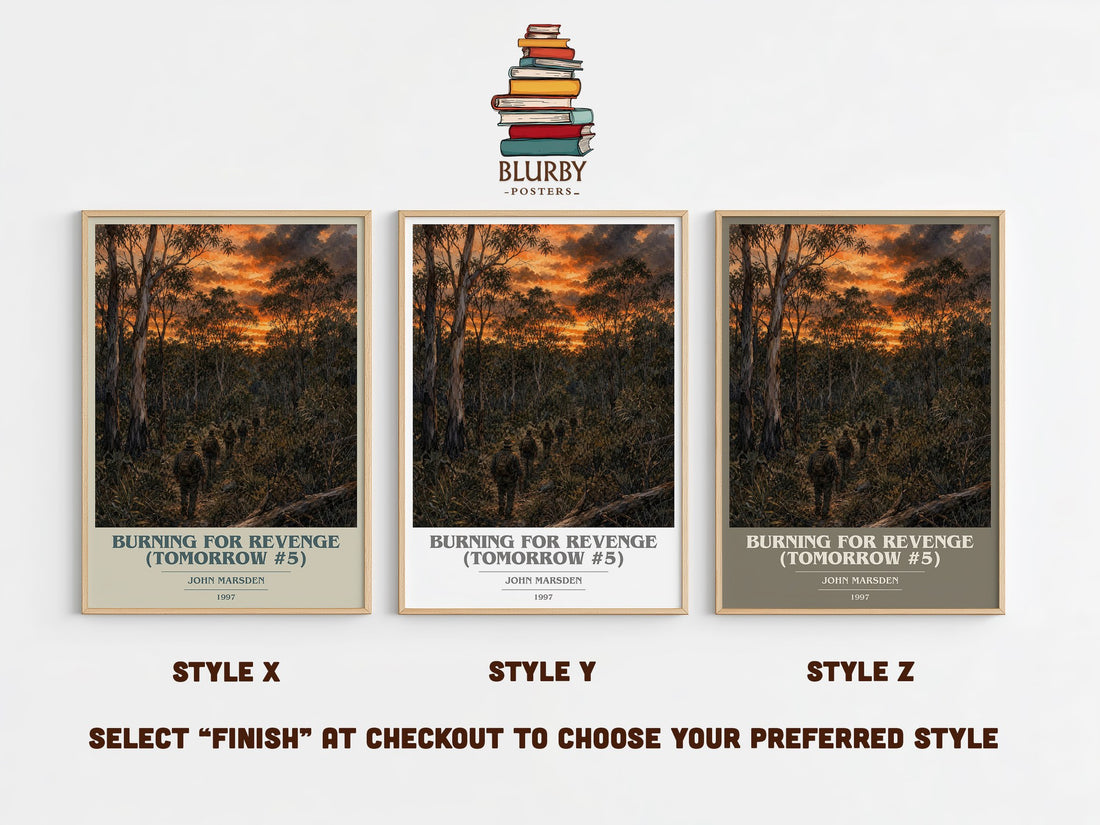 Burning for revenge (Tomorrow #5) book cover print in frame leaning in hallway – young adult wall art (mockup)