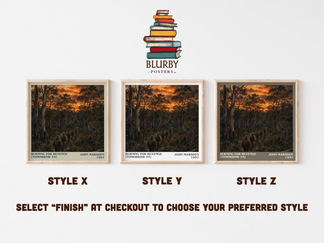 Burning for revenge (Tomorrow #5) literary print in frame leaning in hallway – young adult wall art (mockup)