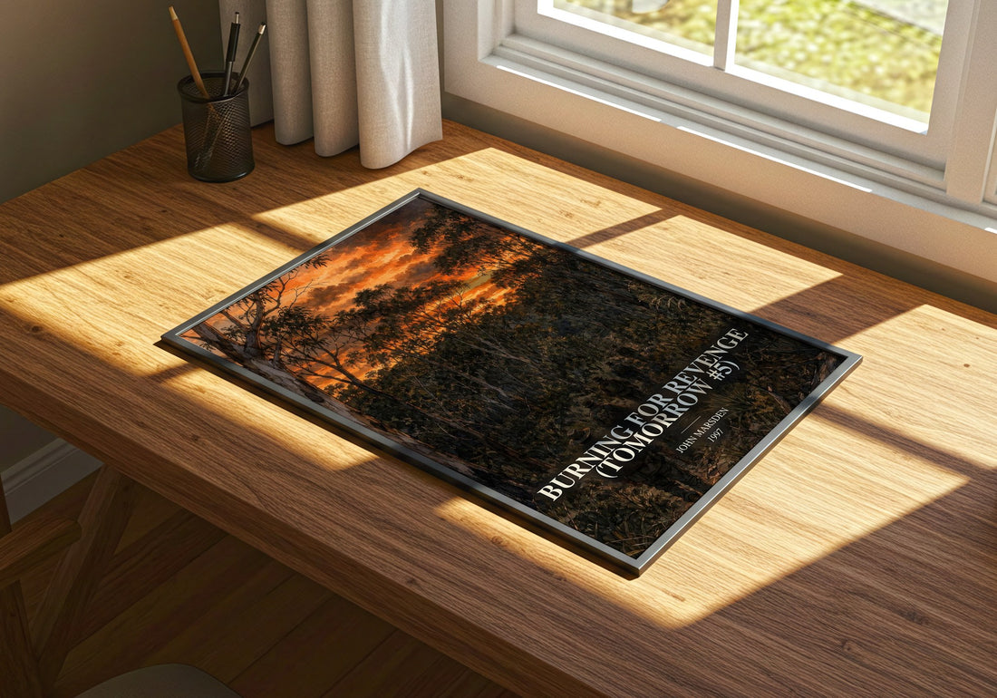 Burning for revenge (Tomorrow #5) watercolour book poster framed on wall – young adult wall art