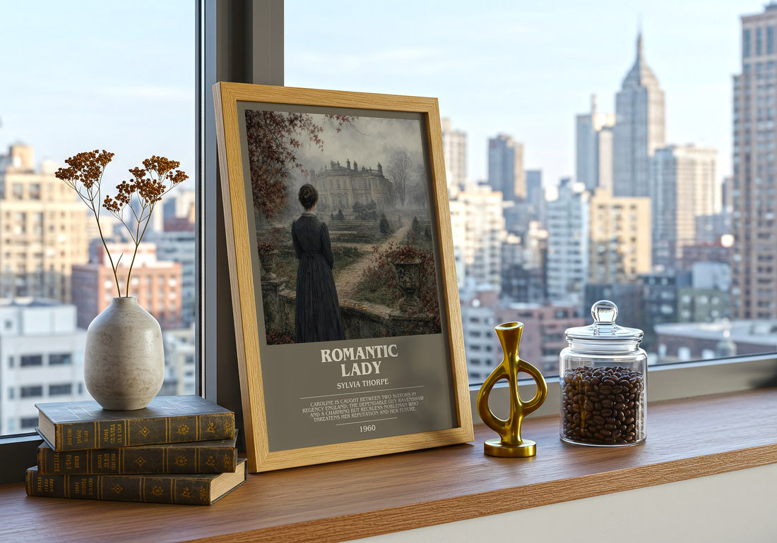 Romantic Lady bookish print framed by window – literary home decor