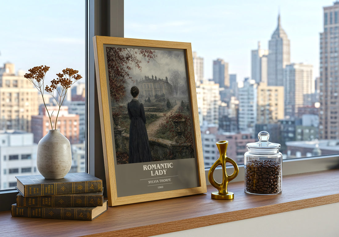 Romantic Lady book cover print framed by window – literary home decor