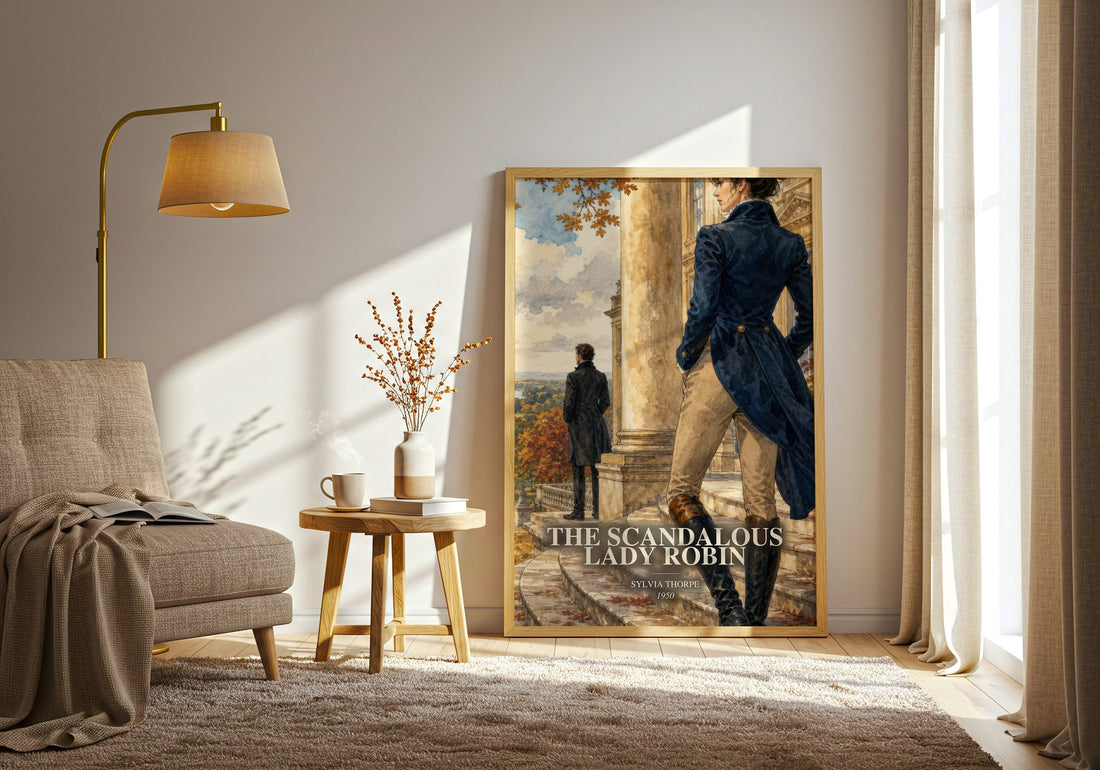 The Scandalous Lady Robin watercolour print in frame leaning in hallway – romance wall art