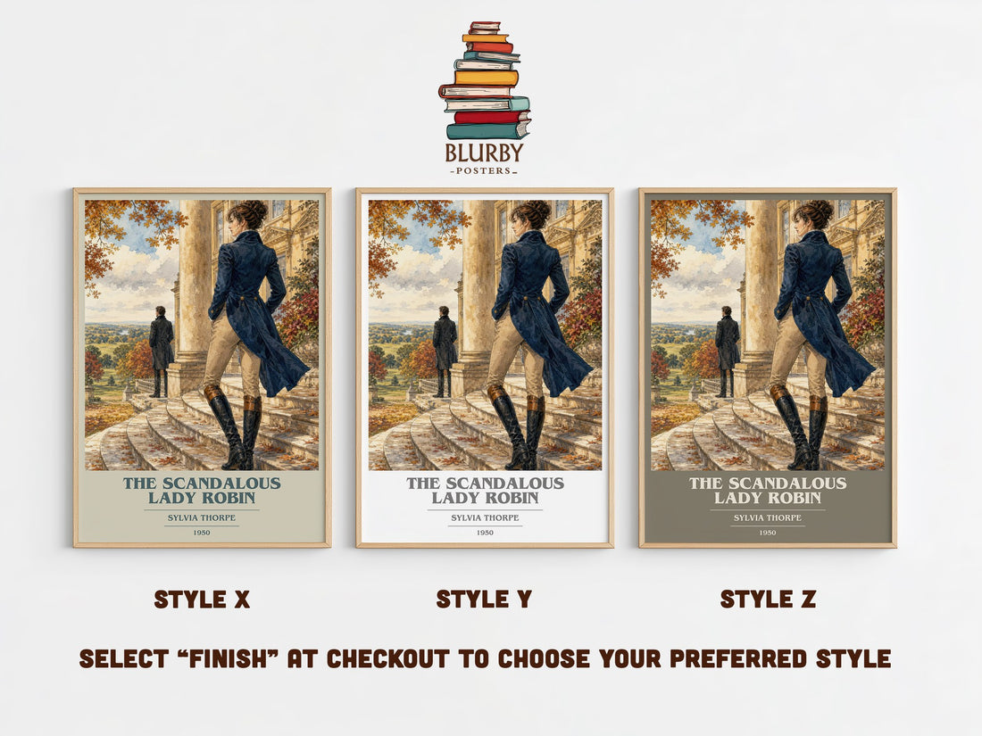 The Scandalous Lady Robin book cover print in frame leaning in hallway – romance wall art (mockup)