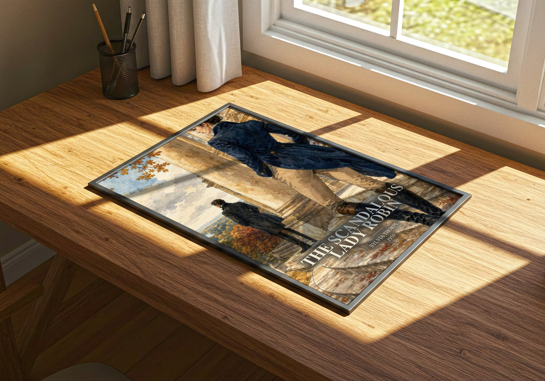 The Scandalous Lady Robin watercolour book poster framed on wall – romance wall art