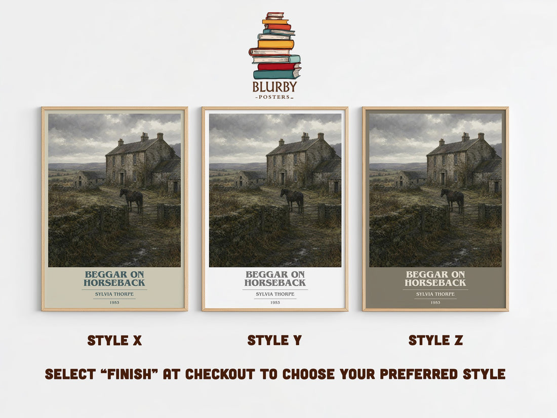 Beggar on Horseback book cover print in frame leaning in hallway – romance wall art (mockup)