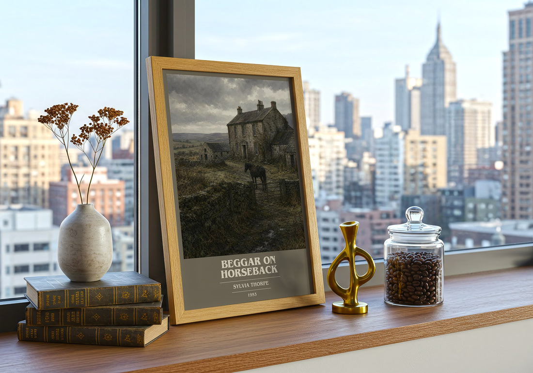 Beggar on Horseback book cover print framed by window – literary home decor