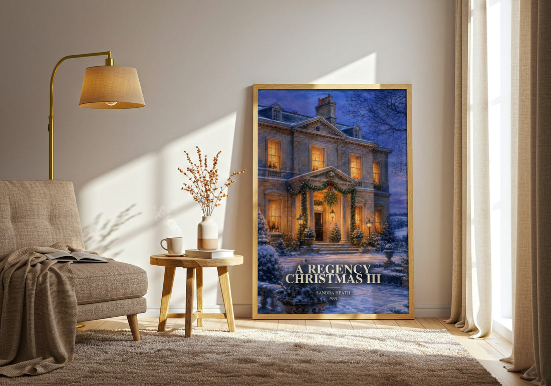 A Regency Christmas III watercolour print in frame leaning in hallway – romance wall art
