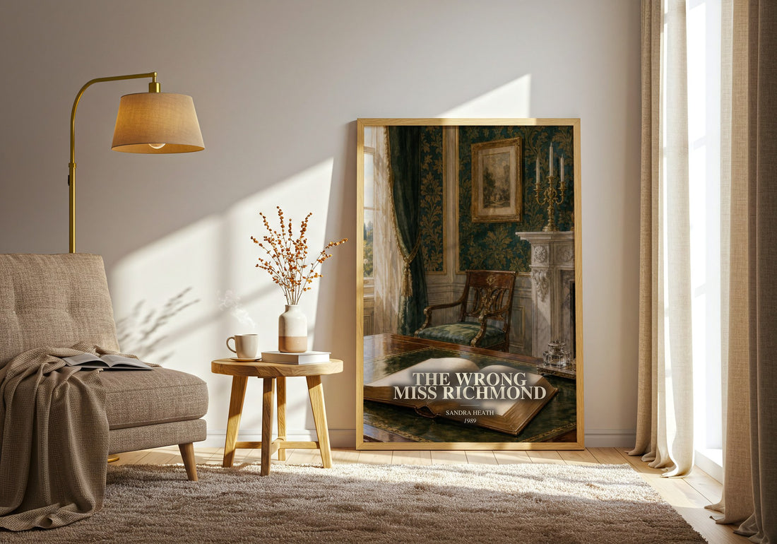 The Wrong Miss Richmond watercolour print in frame leaning in hallway – romance wall art