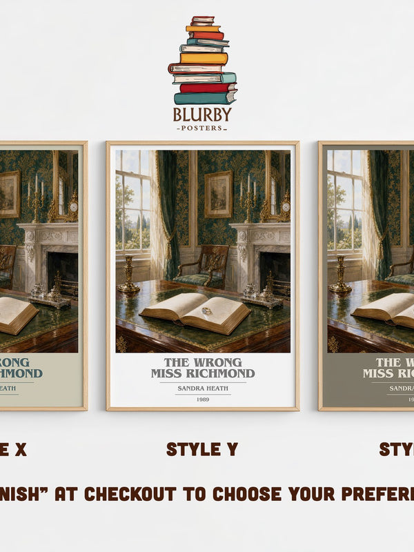 The Wrong Miss Richmond book cover print in frame leaning in hallway – romance wall art