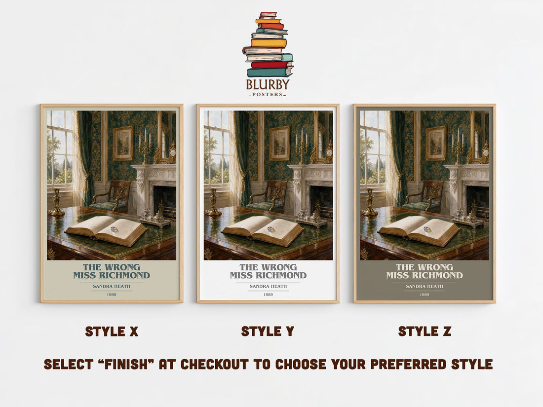 The Wrong Miss Richmond book cover print in frame leaning in hallway – romance wall art (mockup)