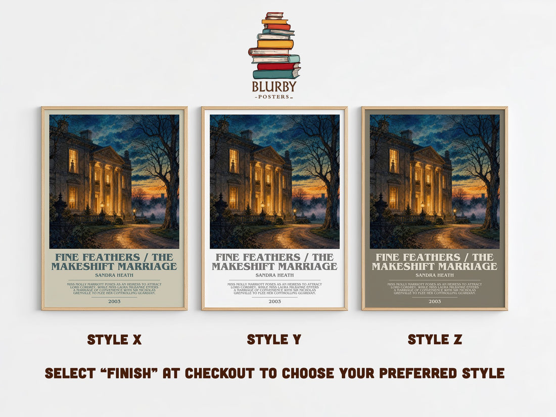 Fine Feathers / The Makeshift Marriage bookish print in frame leaning in hallway – romance wall art (mockup)