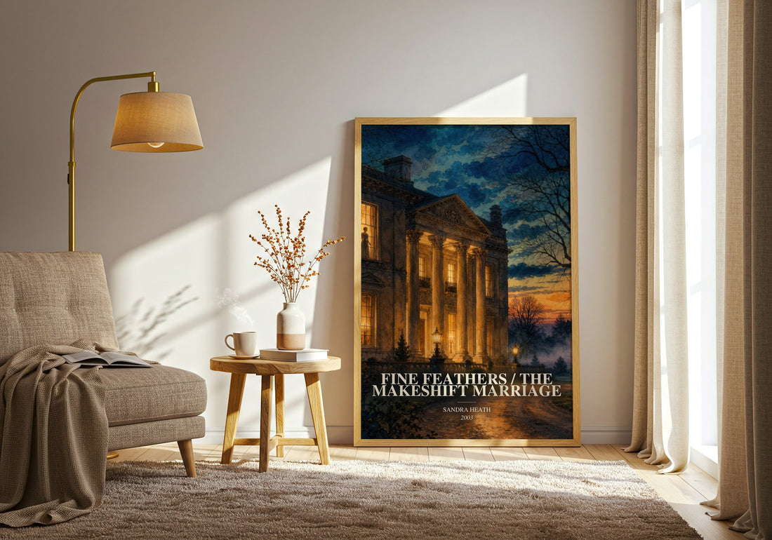 Fine Feathers / The Makeshift Marriage watercolour print in frame leaning in hallway – romance wall art