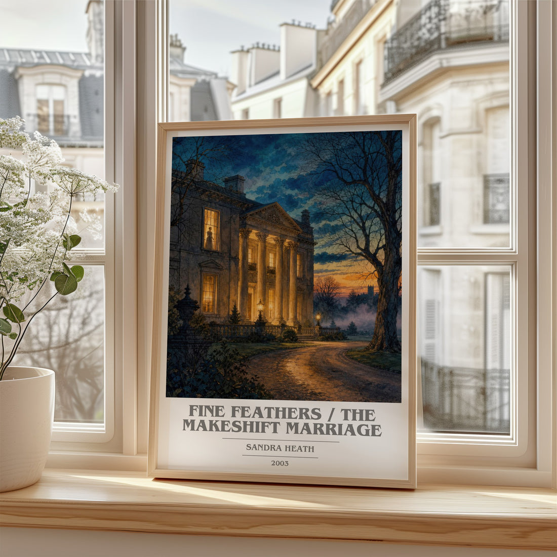 Fine Feathers / The Makeshift Marriage book cover poster colour and style options – Sandra Heath book art