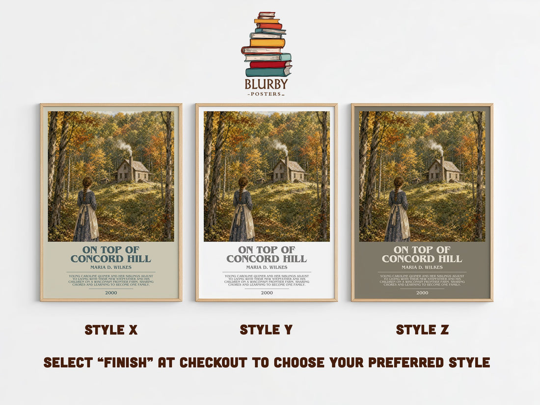 On top of Concord Hill bookish print in frame leaning in hallway – childrens wall art (mockup)