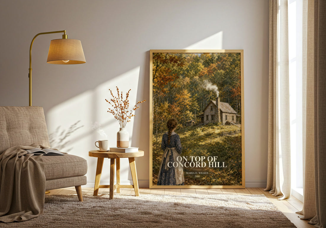 On top of Concord Hill watercolour print in frame leaning in hallway – childrens wall art